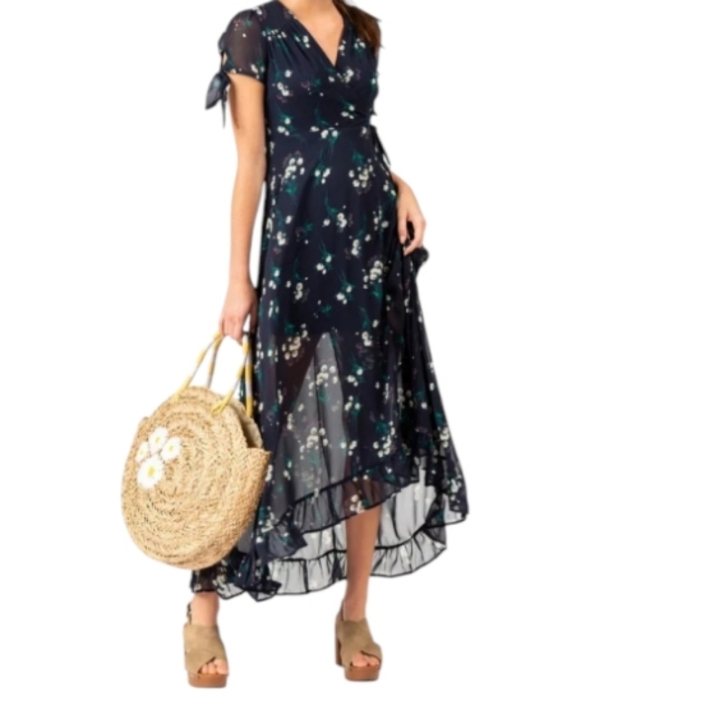 Miami Navy Floral Wrap Short Sleeve Dress